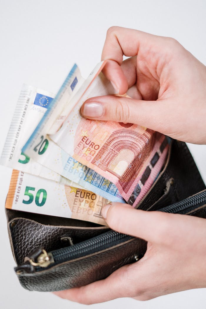 Close-up of hands counting euro banknotes from a leather wallet, representing financial transactions.